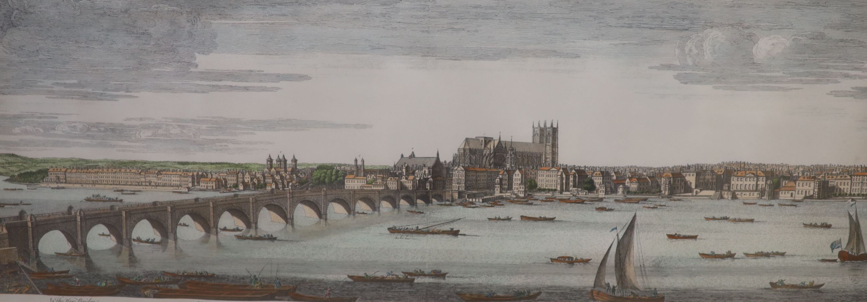 A set of 4 colour prints after S & N Buck, London viewed from The Thames, overall 32 x 81cm